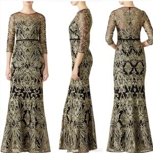 Marchesa Notte Moises Embroidered Gown Maxi Dress Gold Back Lace - Size 2